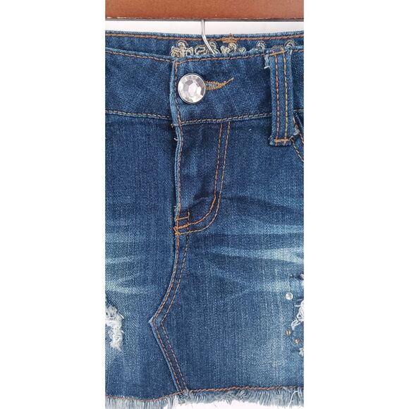 Vintage Truce Distressed Dark Wash Bejeweled Denim Y2K Jean Mini Skirt Sz 0 - Picture 6 of 8
